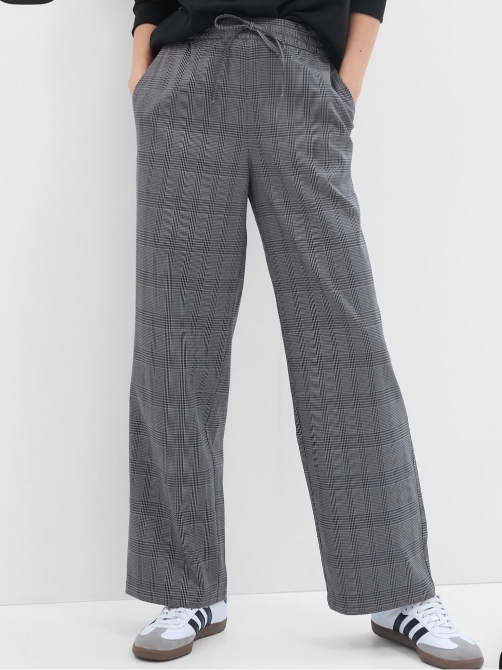 Gap mid rise twill Gray Plaid Wide-Leg Drawstring Pants petite small